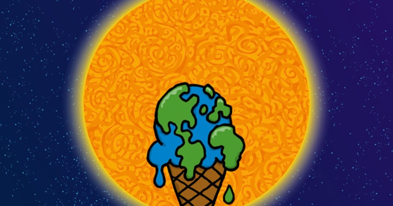 Ice Cream Cone that looks like Earth, melting in front of the sun.